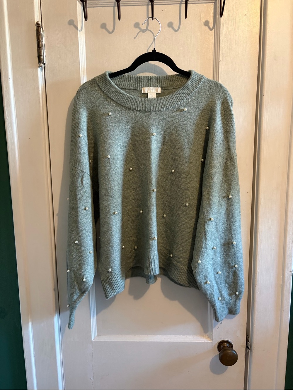 H&M Pearl-Accent Crewneck Sweater in Sage Green